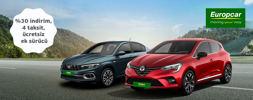 Europcar'dan Araç Kiralamada %30 İndirim, 4 Taksit Fırsatı ve Ücretsiz Ek Sürücü Fırsatı Kampanya Görseli.