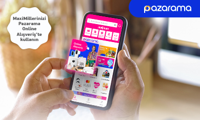 İki elle tutulan ve ekranında Pazarama menüsü olan telefon görseli ve MaxiMillerinizi Pazarama Online Alışveriş'te kullanın ibaresi.