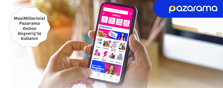 İki elle tutulan ve ekranında Pazarama menüsü olan telefon görseli ve MaxiMillerinizi Pazarama Online Alışveriş'te kullanın ibaresi.