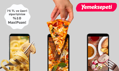 Telefon ekranında makarna, pizza, yemek görseli ile birlikte 75 TL ve üzeri siparişinize %10 Maxipuan! ibaresi. 