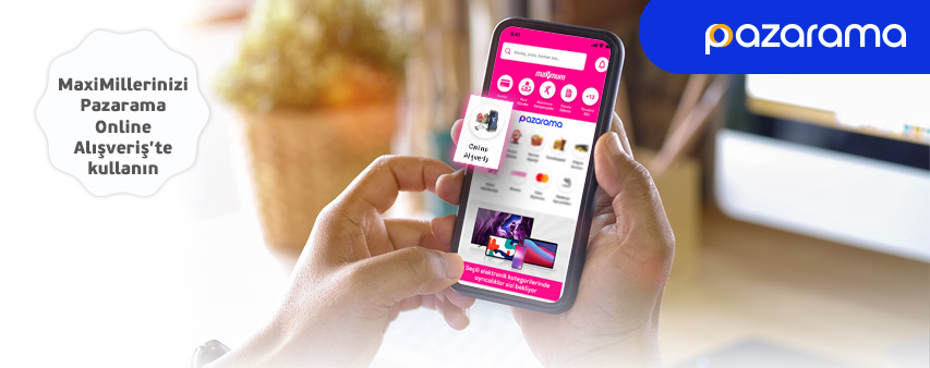 Telefon görseli ve MaxiMillerinizi Pazarama Online Alışveriş'te kullanın ibaresi.