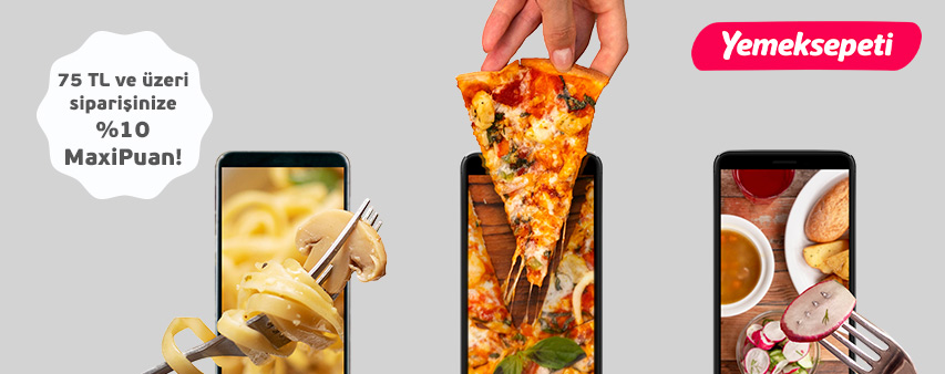 Telefon ekranında makarna, pizza, yemek görseli ile birlikte 75 TL ve üzeri siparişinize %10 Maxipuan! ibaresi. 