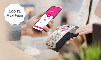 Pos cihazı, telefon görseli ve 100 TL MaxiPuan ibaresi