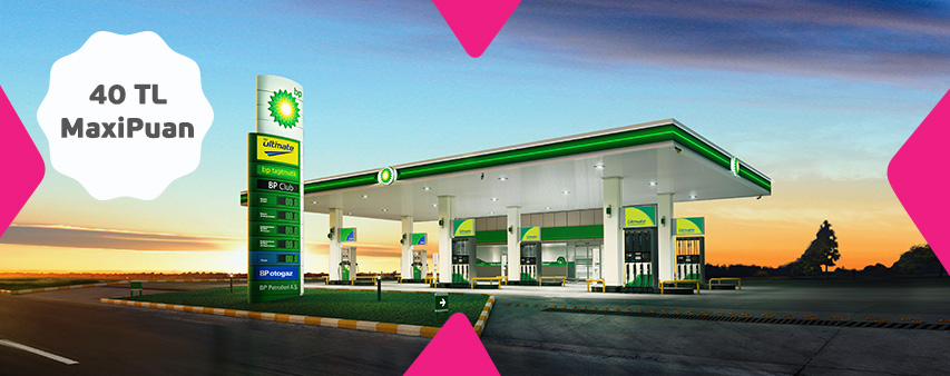 BP akaryakıt istasyon görseli ve 40 tl maxipuan ibaresi