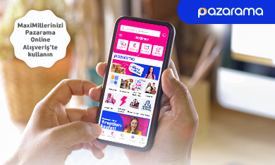 İki elle tutulan ve ekranında Pazarama menüsü olan telefon görseli ve MaxiMillerinizi Pazarama Online Alışveriş'te kullanın ibaresi.