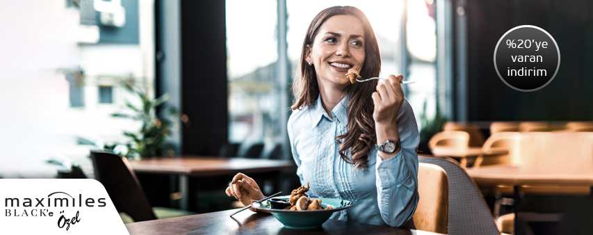 Maximiles Black ile restoranlarda %20 indirim ayrıcalığı kampanya görseli.